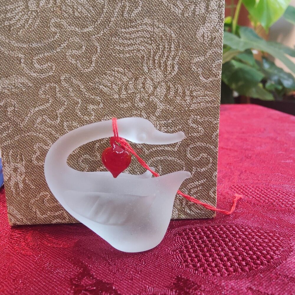 Vintage Frosted Glass Swan Figurine Ornament with Red Heart  With Box ~2"